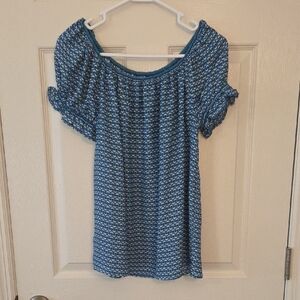 Max Studio Women's Teal Blue White Geometric Ruffle Sleeves Top Shirt Size Small